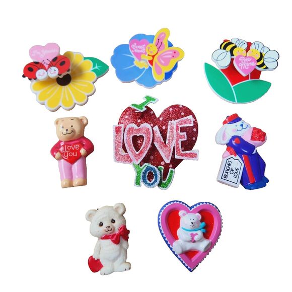Set of 8 Valentines Hearts Bears & Flowers Refrigerator Magnets Vintage 80s - Picture 1 of 8